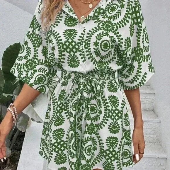 Green Boho Ladies' Printed Leisure Vacation Batwing Sleeve Belted Romper - Picture 1 of 5